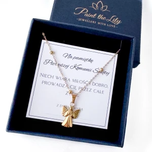 Naszyjnik z aniołem dla dziewczynki na ozdobnym łańcuszku na Pamiątkę Pierwszej Komunii Świętej 