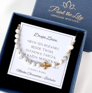 Bransoletka Różaniec dla dziewczynki z białych kamieni / Pamiątka Pierwszej Komunii Świętej 