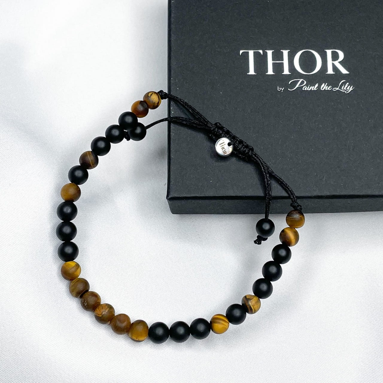 Męska Bransoletka regulowana z kamieni naturalnych Onyks i Tygrysie oko /Thor Black Eye/